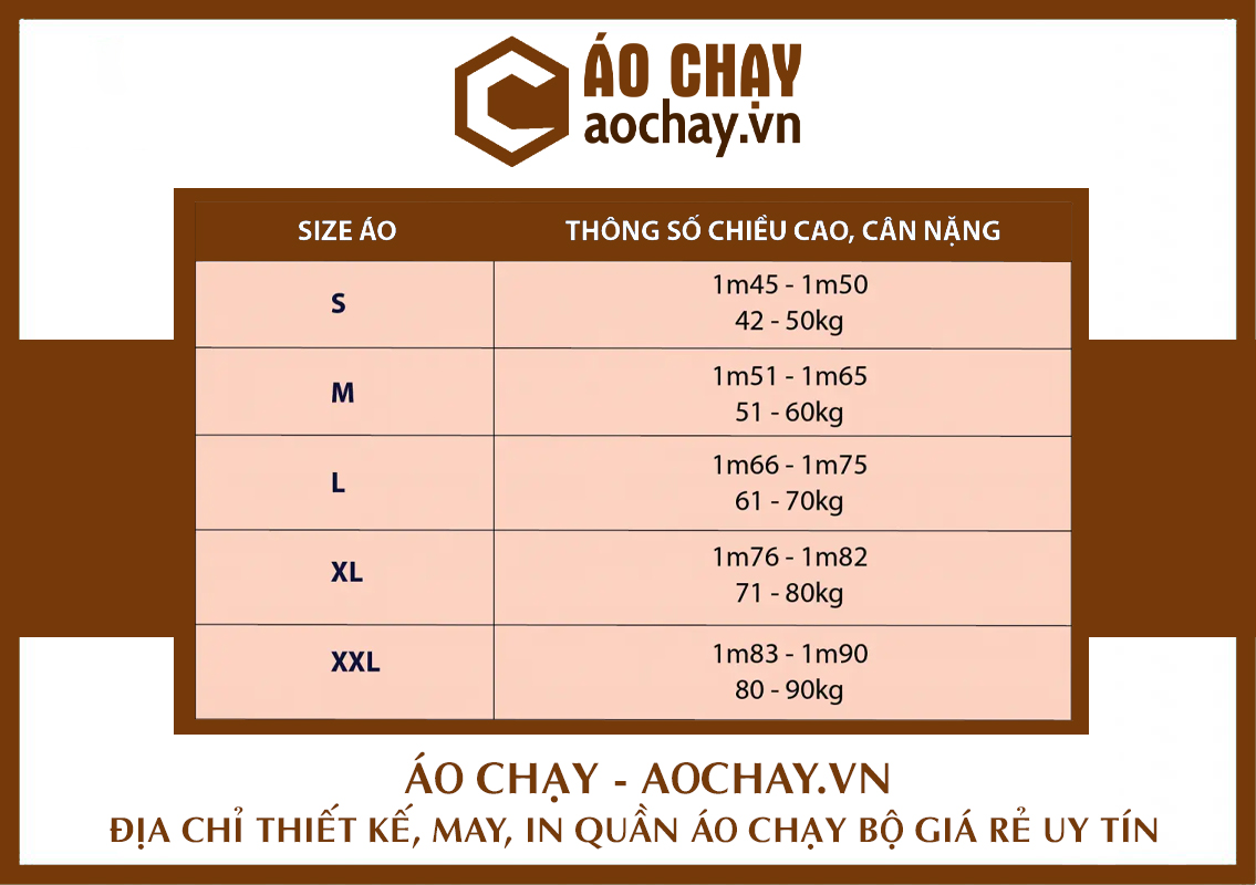 Bảng size tham khảo áo chạy bộ